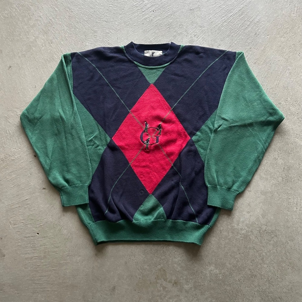 Vintage 90s Golfino Sweater Size XL Green Pullover Golf Argyle Embroidered Knit